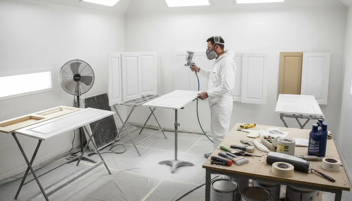 Painter applying smooth cabinet finish in Mountain View, CA kitchen using professional spray technique