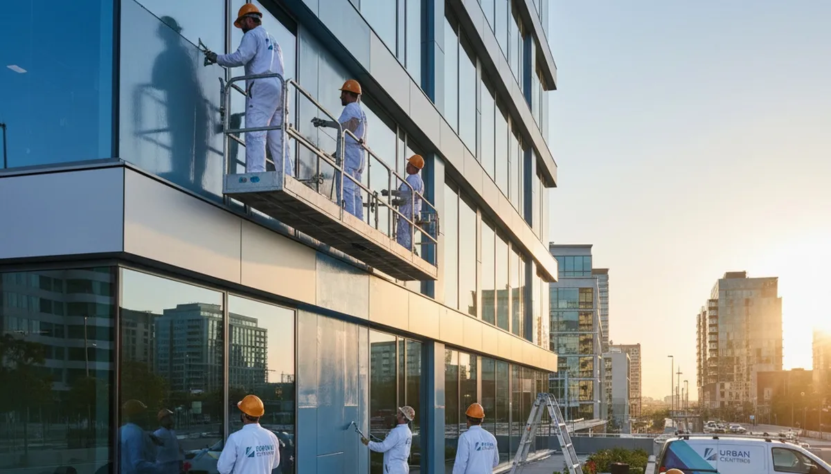 Professional commercial painters finishing office exterior in Mountain View, CA